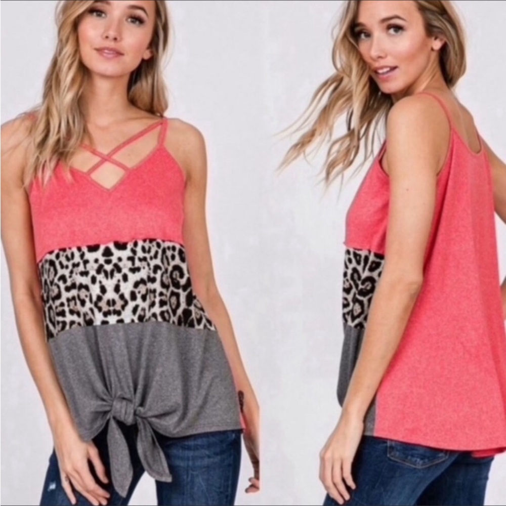 #13 🌟 1 Left! Coral Gray & Leopard Criss Cross V- neck Top